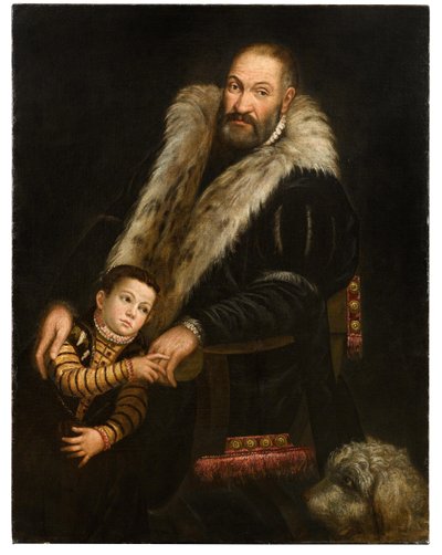 Retrato de um cavalheiro e uma criança com um cachorro de Giovanni Antonio Fasolo